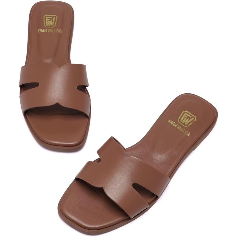 Women's Brown Square Open Toe Slip On Beach Summer Flat Slide Sandals - Picture 2 of 6